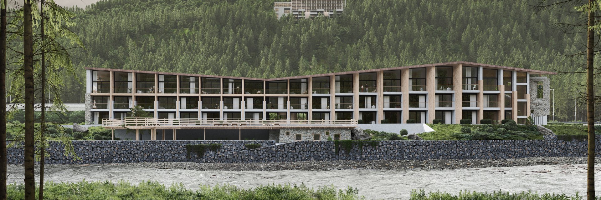 Архитектурный проект «Гостиница на реке Мзымте» — Туристическо-оздоровительный центр — Красная Поляна, Краснодарский край, Россия — проектирование 2022 — МОА